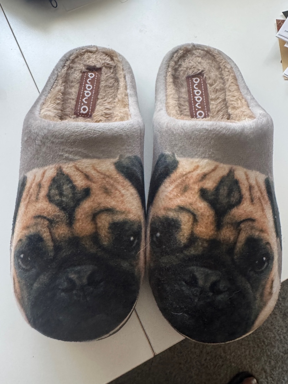 Plush Pug Dog Slippers in Gray and Brown
